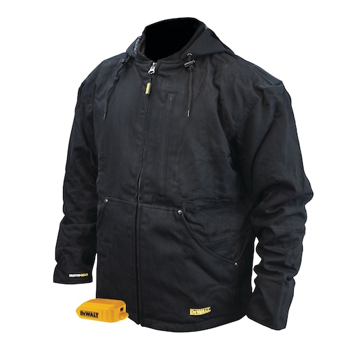Profile of black, heavy duty, heated work jacket