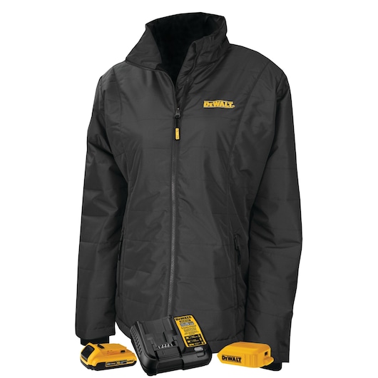 Women's black, quilted, heated jacket with its complete kit