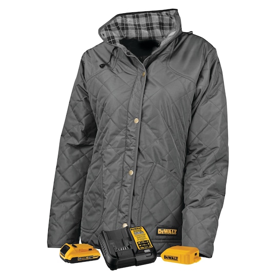 Women's charcoal heated jacket with its complete kit