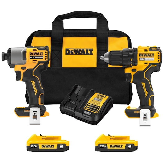 20 volt max two tool kit with brushless hammer drill driver and brushless impact driver, bag, and charger