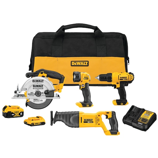 cordless 4 tool combo kit with reciprocating saw, drill driver, circular saw, led worklight, battery, and charger along with kit bag