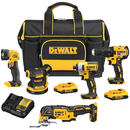 cordless 5 tool combo kit with brushless drill driver impact driver and work light with tool bag