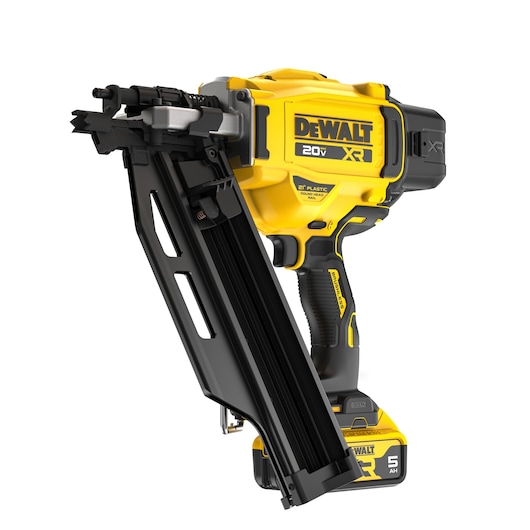 DEWALT® 20V MAX* XR® 21 gauge Framing Nailer with battery at a 3/4 front facing angle