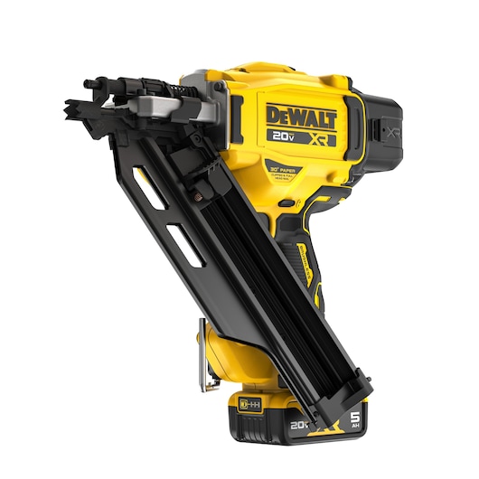 DEWALT® 20V MAX* XR® 30 gauge Framing Nailer with battery front side angle