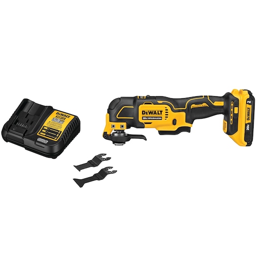 ATOMIC Brushless Cordless Oscillating Multi Tool kit with universal accessory adaptor and two woodcutting blades