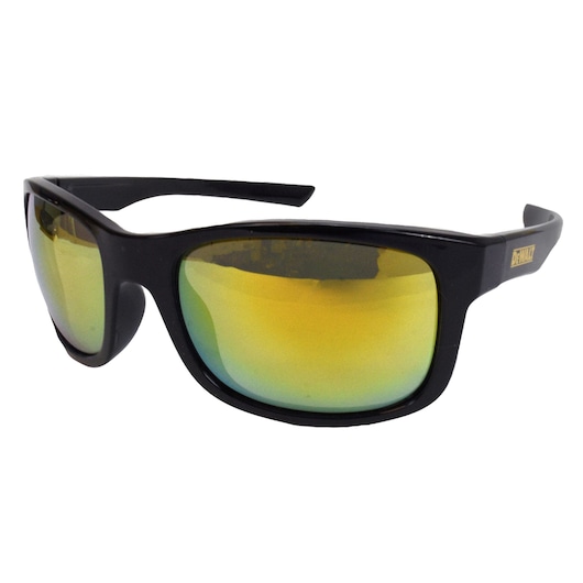 BLACK FRAME WITH YELLOW MIRROR LENS DEWALT SUPERVISOR PROTECTIVE EYEWEAR COMFORT FLEX TEMPLES HARD COAT LENS MAIN VIEW