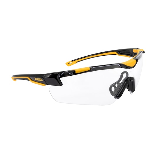 BLACK FRAME AND CLEAR LENS DEWALT CHISEL HALF FRAME PROTECTIVE EYEWEAR RUBBER TEMPLES AND VENTED NOSEPIECE MAIN VIEW