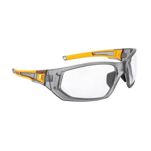 Right angle of DEWALT DPG112 full frame safety glass with gray frame, clear lens, and yellow overmolded temples.