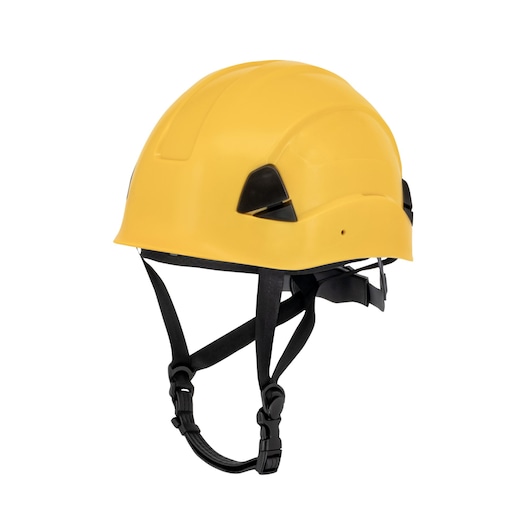 YELLOW DEWALT TYPE II CLASS E HELMET WITH BLACK RATCHET SUSPENSION AND LEATHER CHINSTRAP MAIN VIEW