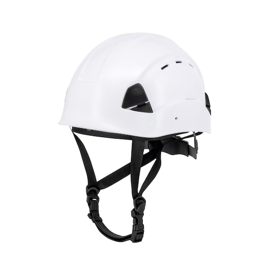 WHITE DEWALT TYPE II CLASS E HELMET WITH BLACK RATCHET SUSPENSION AND LEATHER CHINSTRAP MAIN VIEW