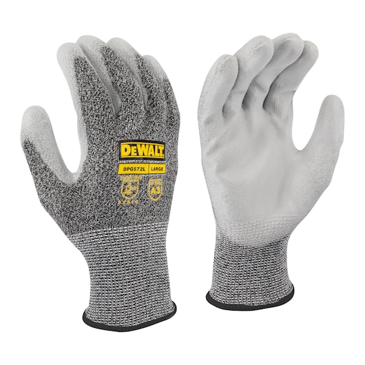 PEPPER COLOR DEWALT A3 CUT RESISTANT GLOVES SHOWING BLACK AND YELLOW LOGO AND GRAY POLYURETHANE PALM SLIP ON WRIST MAIN VIEW
