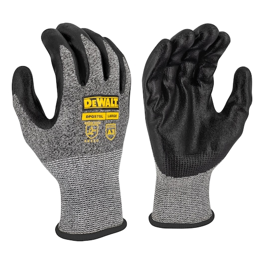 PEPPER COLOR DEWALT A3 CUT RESISTANT GLOVES SHOWING BLACK AND YELLOW LOGO AND BLACK FOAM NITRILE PALM SLIP ON WRIST MAIN VIEW