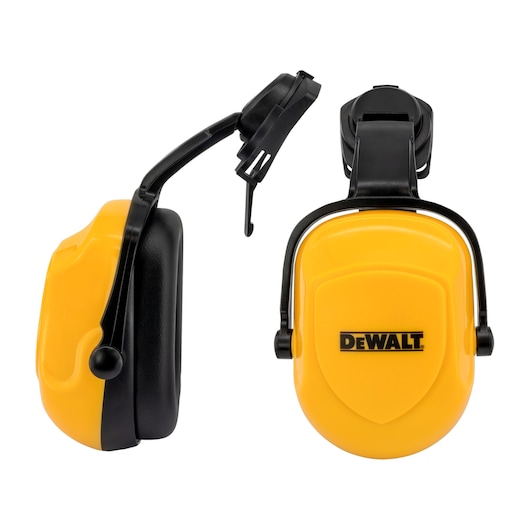 YELLOW DEWALT 25 NRR DIELECTRIC CAP MOUNT TYPE EARMUFFS WITH BLACK FOAM EARCUPS MAIN VIEW