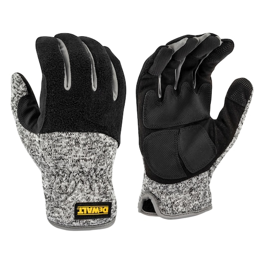 BLACK AND GRAY DEWALT FLEECE SLIP-ON COLD WEATHER GLOVES PADDED PVC REINFORCED PALM TOUCHSCREEN INSULATED MAIN VIEW