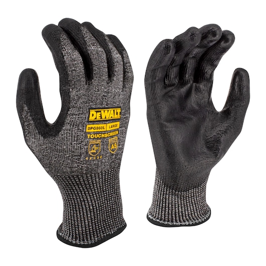 BLACK DEWALT TOUCHSCREEN A5 CUT PROTECTION GLOVE POLYURETHANE PALM ABRASION AND PUNCTURE RESISTANT KNIT WRIST MAIN VIEW