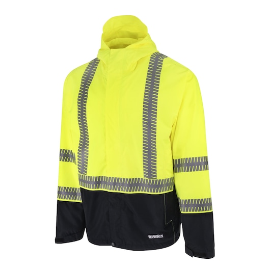 ANGLED FRONT VIEW OF DEWALT DRW21 HI-VIS GREEN AND BLACK RAIN JACKET WITH SEGMENTED REFLECTIVE TAPE AND A HOOD