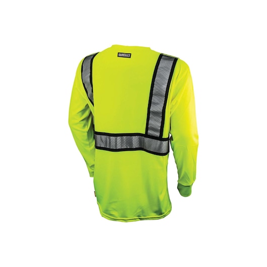 Back view of DEWALT yellow modacrylic FR long sleeved T shirt.