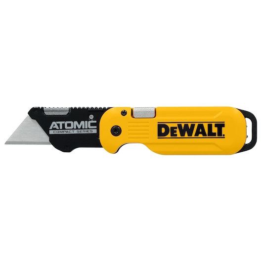DEWALT ATOMIC knife opened on white at a front profile view