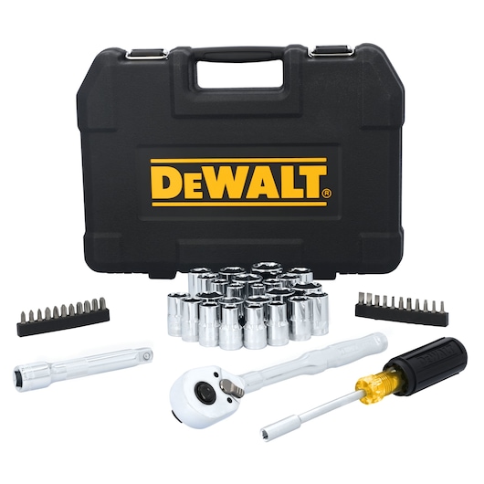 DEWALT® TOUGHSERIES™ DWMT45405 Mechanics Set contents laid out on white at a profile view