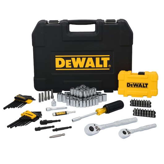 DEWALT® TOUGHSERIES™ DWMT45410 Mechanics Set contents laid out on white at a profile view