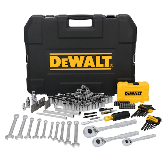 DEWALT® TOUGHSERIES™ DWMT45411 Mechanics Set contents laid out on white at a profile view