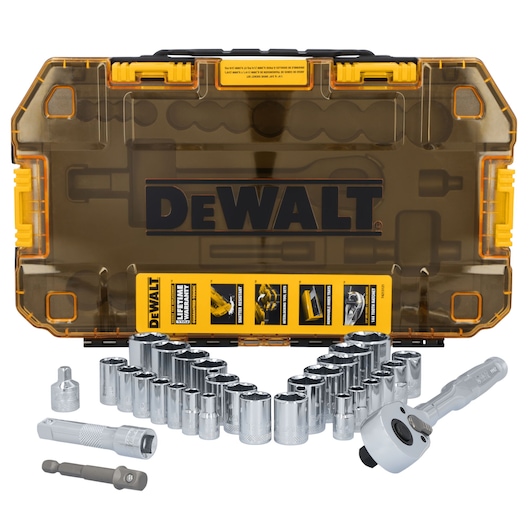 DEWALT® TOUGHSERIES™ DWMT45412 Mechanics Set contents laid out on white at a profile view