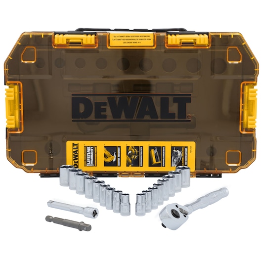 DEWALT® TOUGHSERIES™ DWMT45413 Mechanics Set contents laid out on white at a profile view