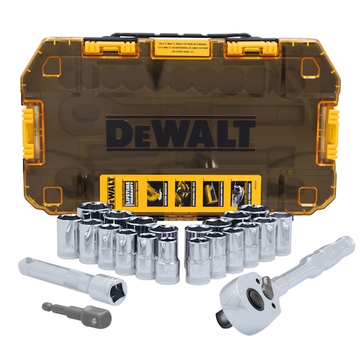 DEWALT® TOUGHSERIES™ DWMT45414 Mechanics Set contents laid out on white at a profile view