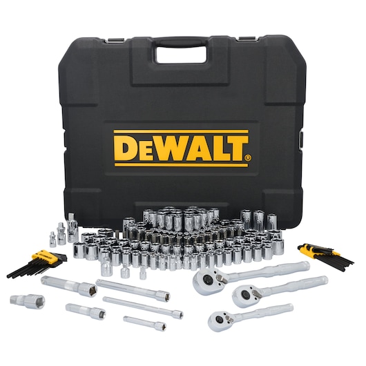 DEWALT® TOUGHSERIES™ DWMT45416 Mechanics Set contents laid out on white at a profile view