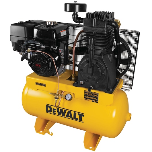 Profile of 30 Gallon 2 stage portable gas powered truck mount air compressor.
