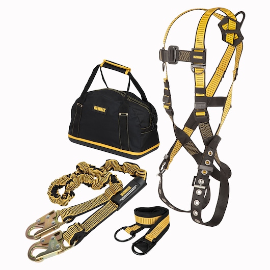3/4 view of DEWALT Fall Protection Compliance Kit includes D1000 Harness with TB Legs, a 6 Ft Lanyard and a 3 Ft Web Anchor Strap, in a Carrying Bag