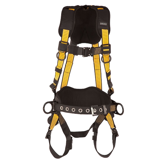 Front view of DEWALT D3000 HARNESS Vest Style, w/belt 5-Point, Back and Side D-Rings, QC Chest, QC Legs