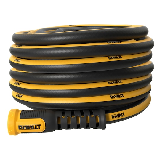 Coiled DEWALT hundred-foot pro-grade hose.