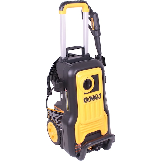 45-degree right-facing view of DeWalt pressure washer with handle up