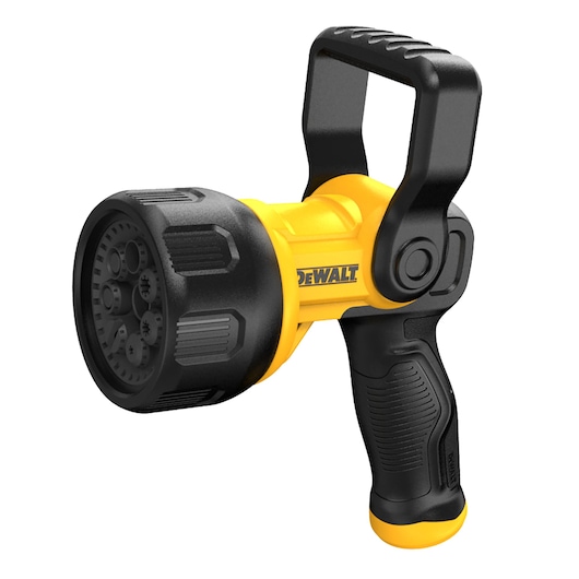 Side portrait view of a black and yellow DEWALT seven-pattern hydrocannon nozzle.