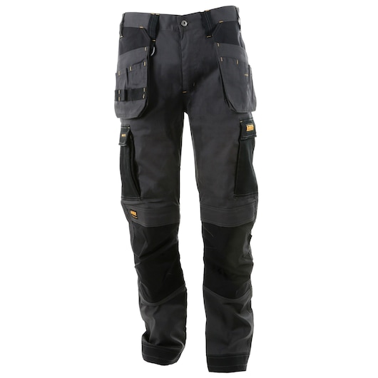 Front view of the DEWALT Barstow men’s work pants in grey/black